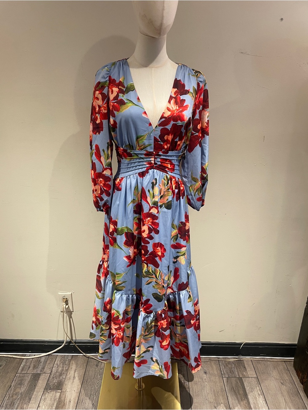 NWT Hutch Cassy Romantic Floral Long Sleeve Maxi Dress Blue Red Small